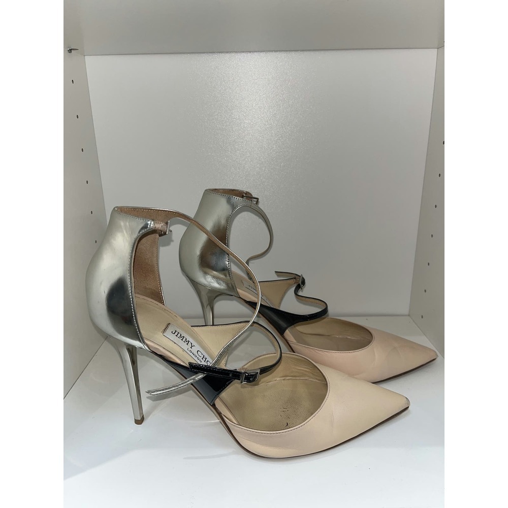 JIMMY CHOO Nude & Sliver Leather D'Orsay Pumps Size 39 Good Condition